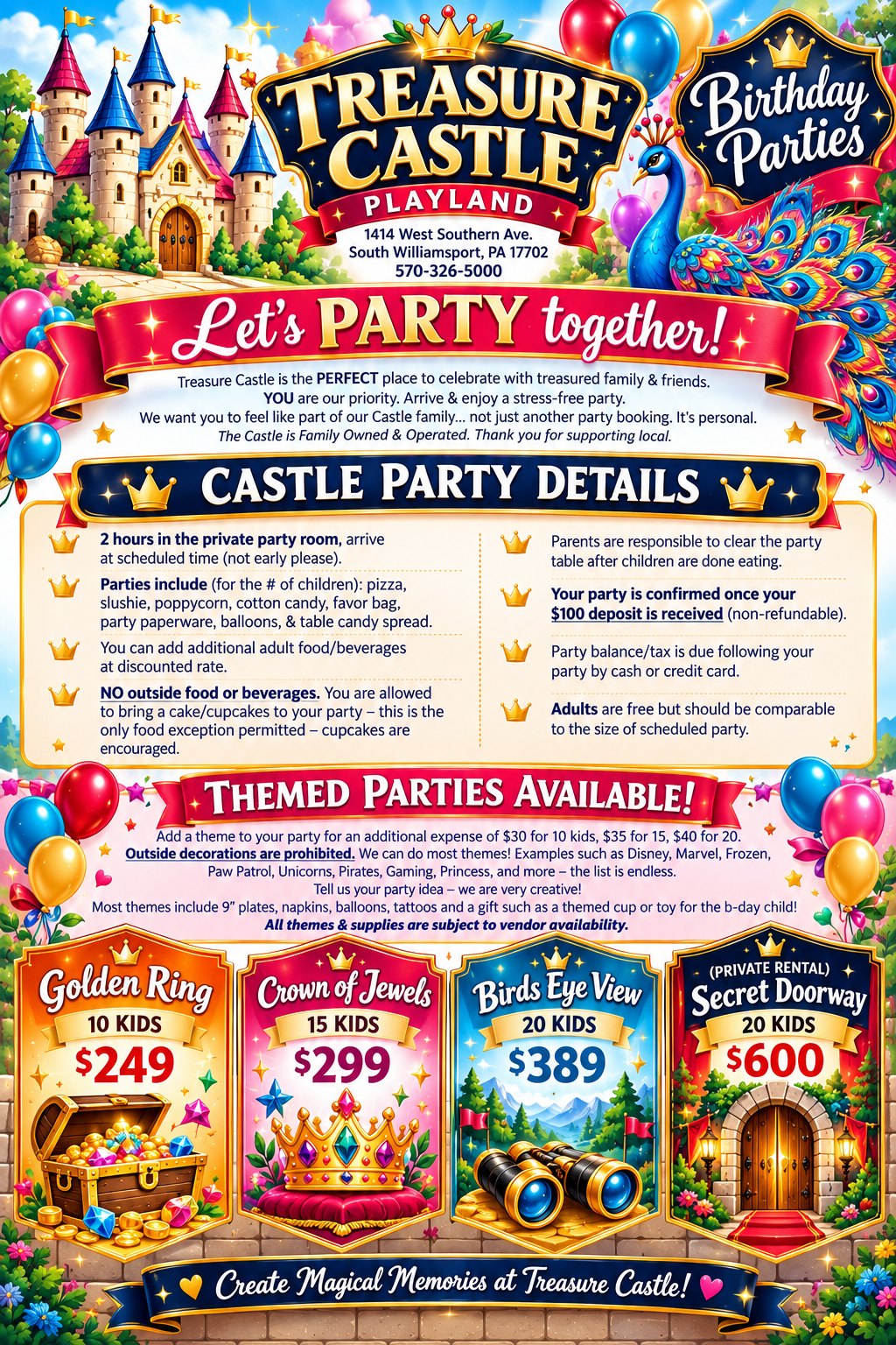 Treasure Castle birthday party flyer listing Golden Ring $249 for 10 kids, Crown of Jewels $299 for 15 kids, Birdseye View $389 for 20 kids and the Secret Doorway private rental $600